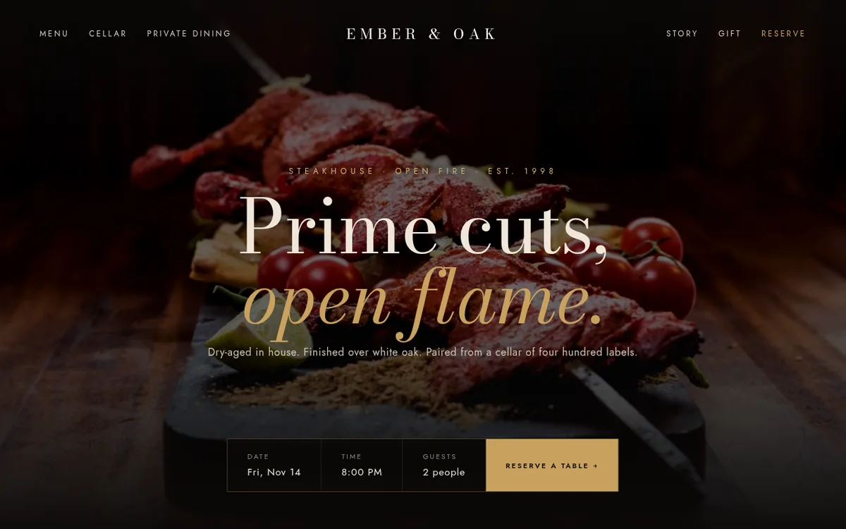 After: the same fictional business redesigned with a dark, elegant, modern look and a clear call to action.
