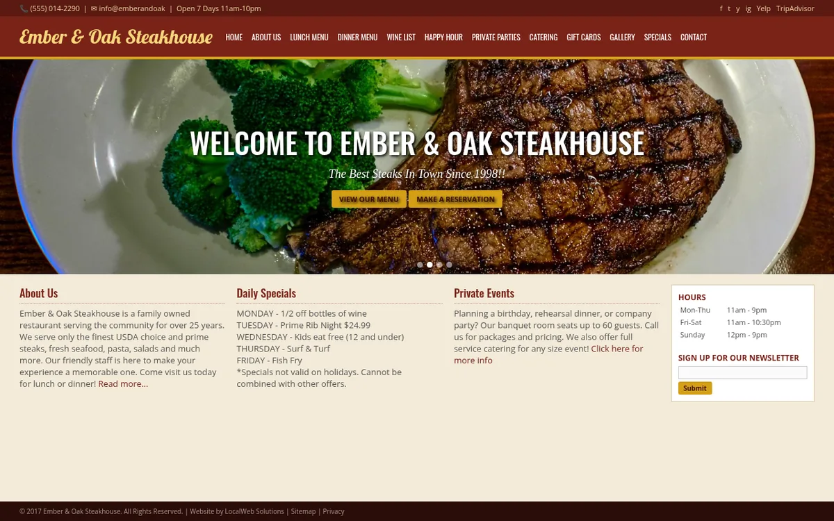 Before: a dated, cluttered website for Ember & Oak Steakhouse, a fictional steakhouse.