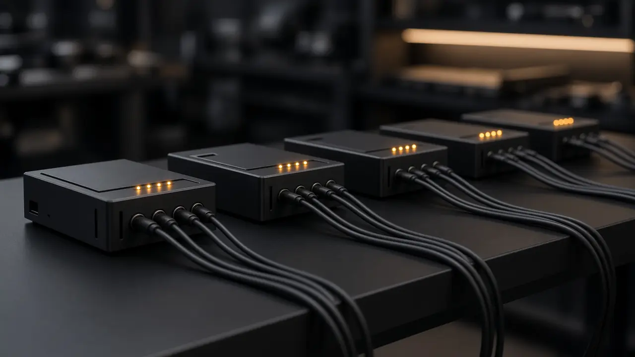 Small devices in a row on a black bench, with warm status lights and no labels.