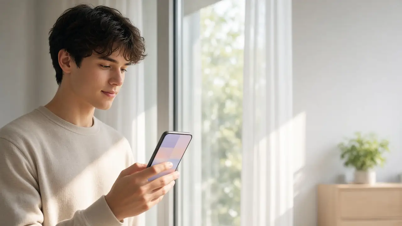 A person with a phone by a window.