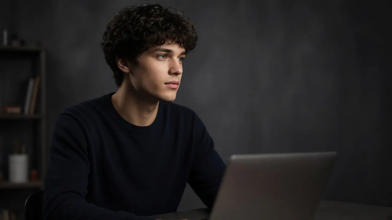 A young person looks off camera. Not a reception desk.