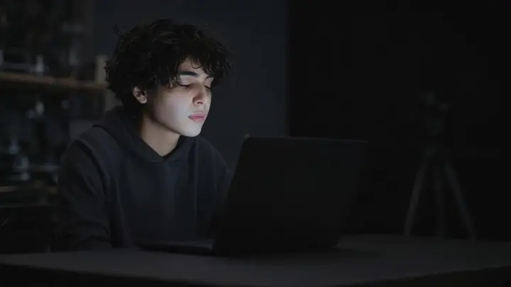 A person in a dark studio with a laptop. Not a reception desk.