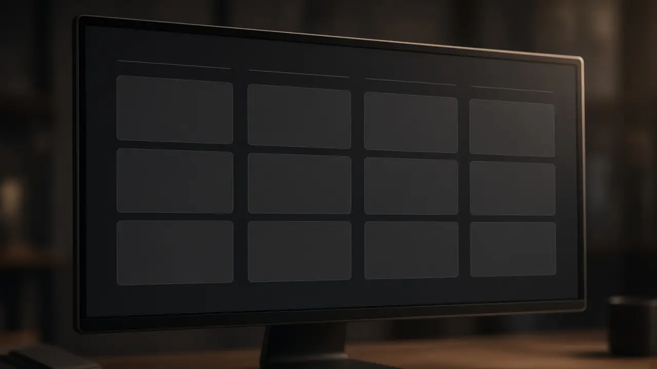 A dark monitor with empty cards in columns. No labels.