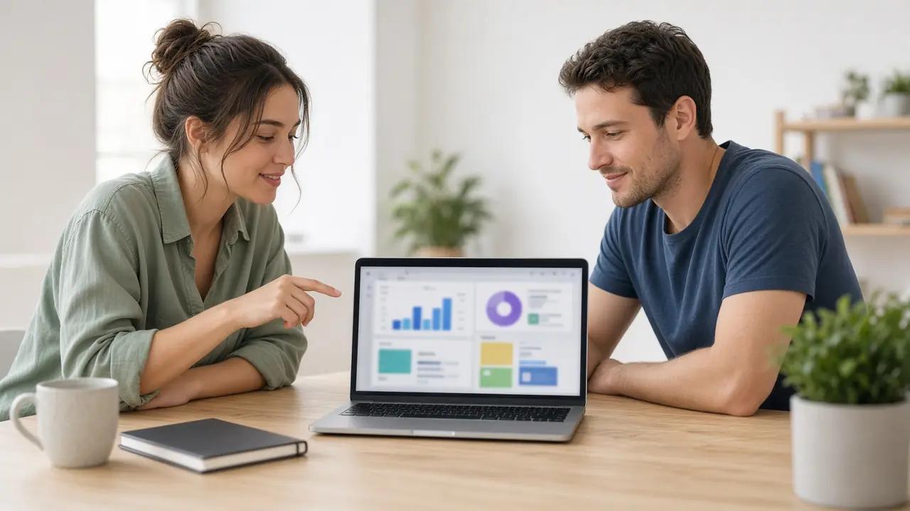 Two people share a laptop in daylight. The dashboard cannot be read.