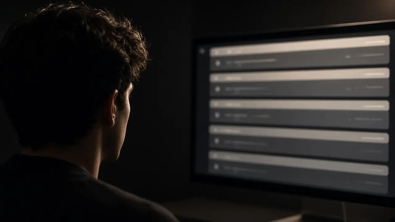 Over-the-shoulder view of a blurred pipeline on a dark monitor.
