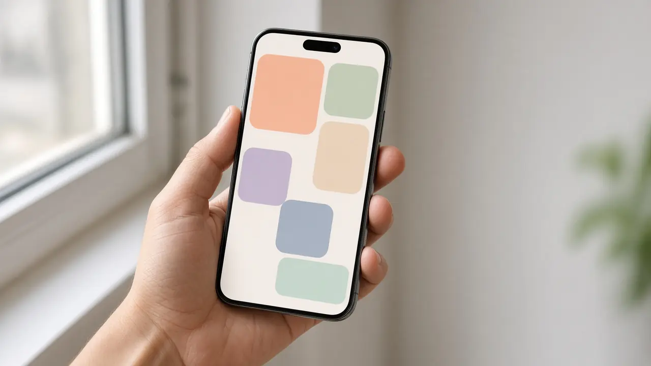Una mano sostiene un teléfono junto a una ventana. La app no tiene texto.