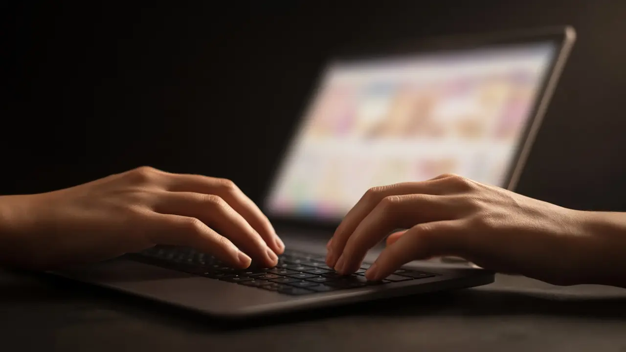 Manos sobre un teclado. La pantalla está fuera de foco.