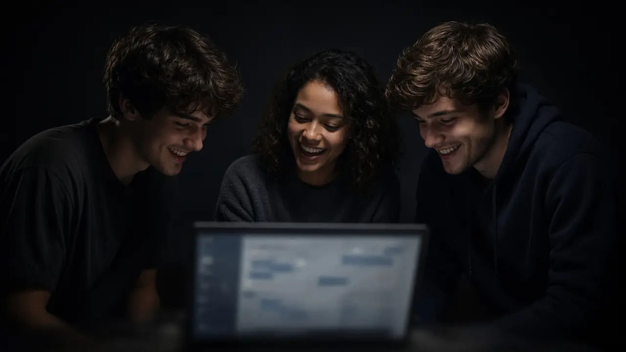 Tres personas jóvenes alrededor de un laptop en un estudio oscuro. La pantalla no se lee.