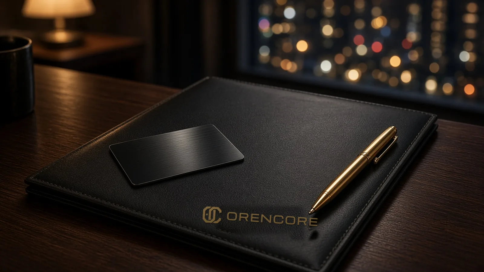 Un portafolio de piel negra con el logo ORENCORE en dorado y una pluma dorada sobre un escritorio oscuro.