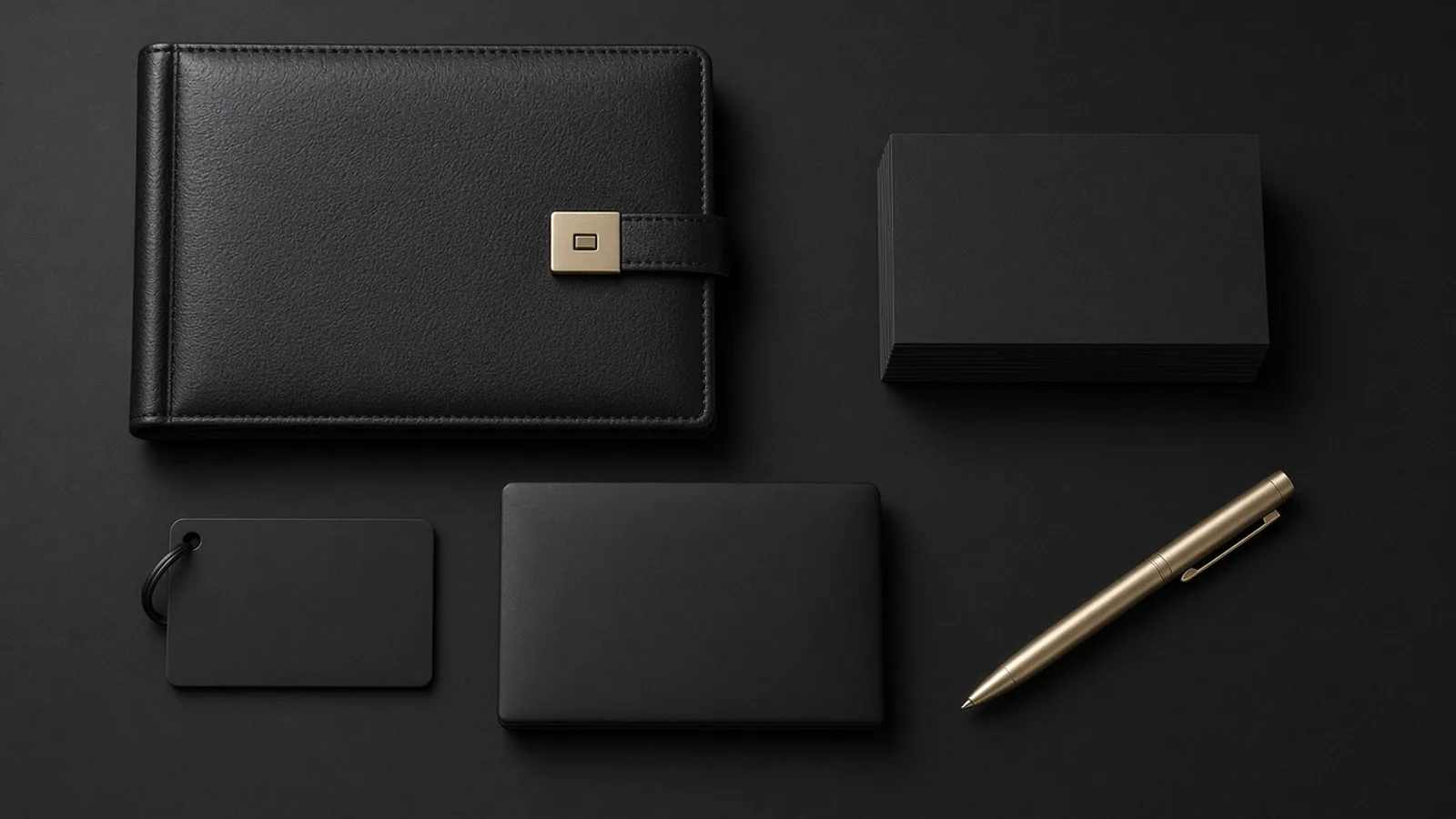 A black leather binder, cards and a gold pen on a dark surface.