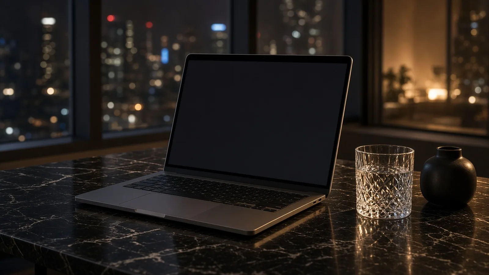 A laptop on a marble desk at night, with city lights behind it.