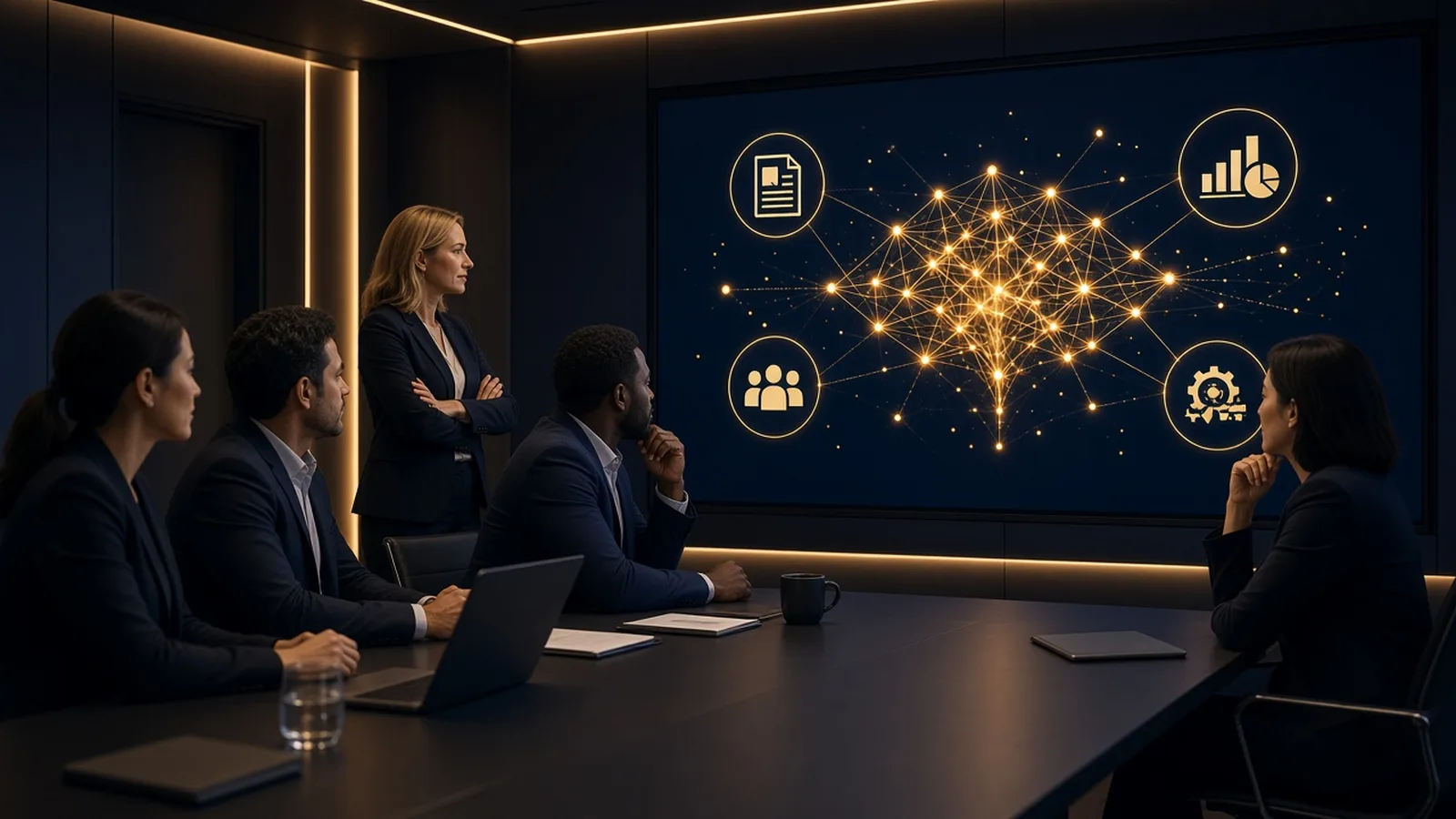 A team in a dark meeting room looking at a screen with a glowing AI network diagram.