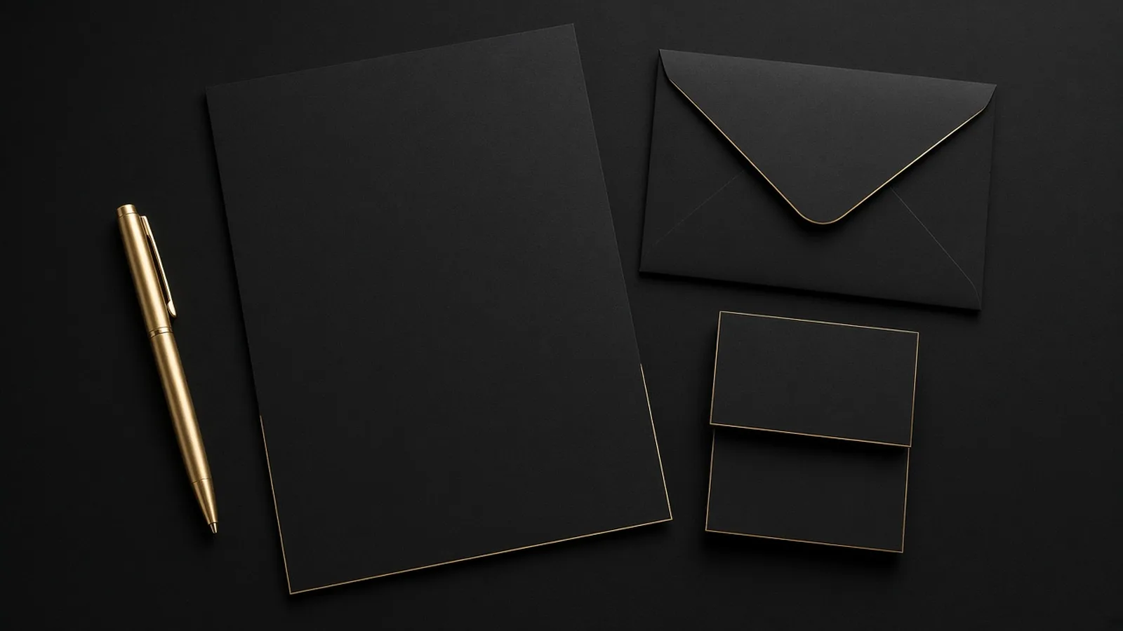 Black stationery with envelopes, cards and a gold pen.