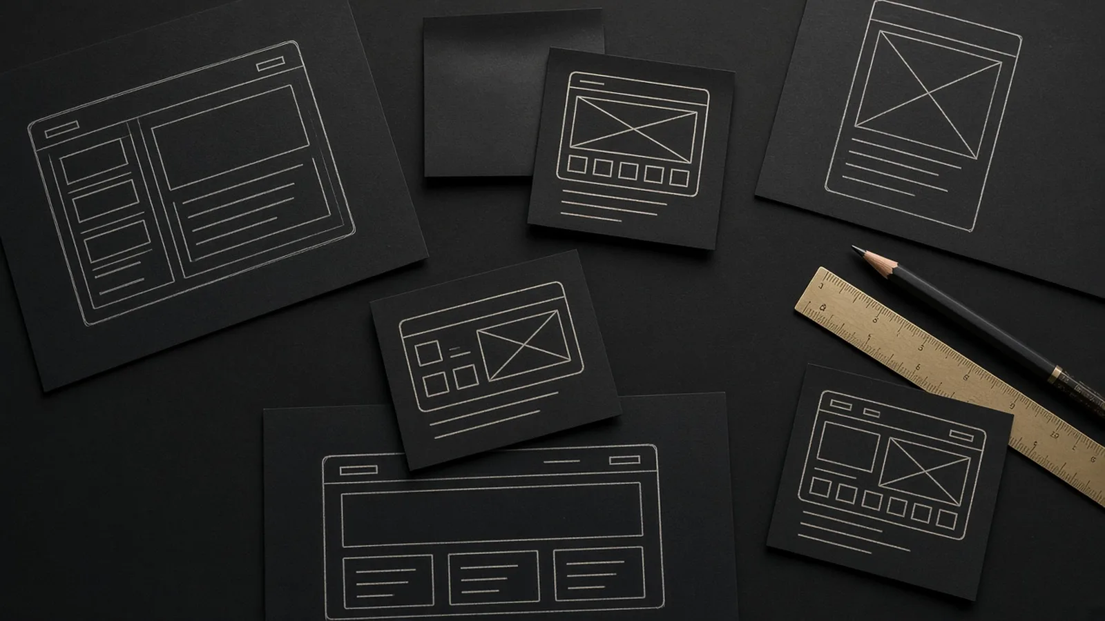 Black cards with sketched interface wireframes.