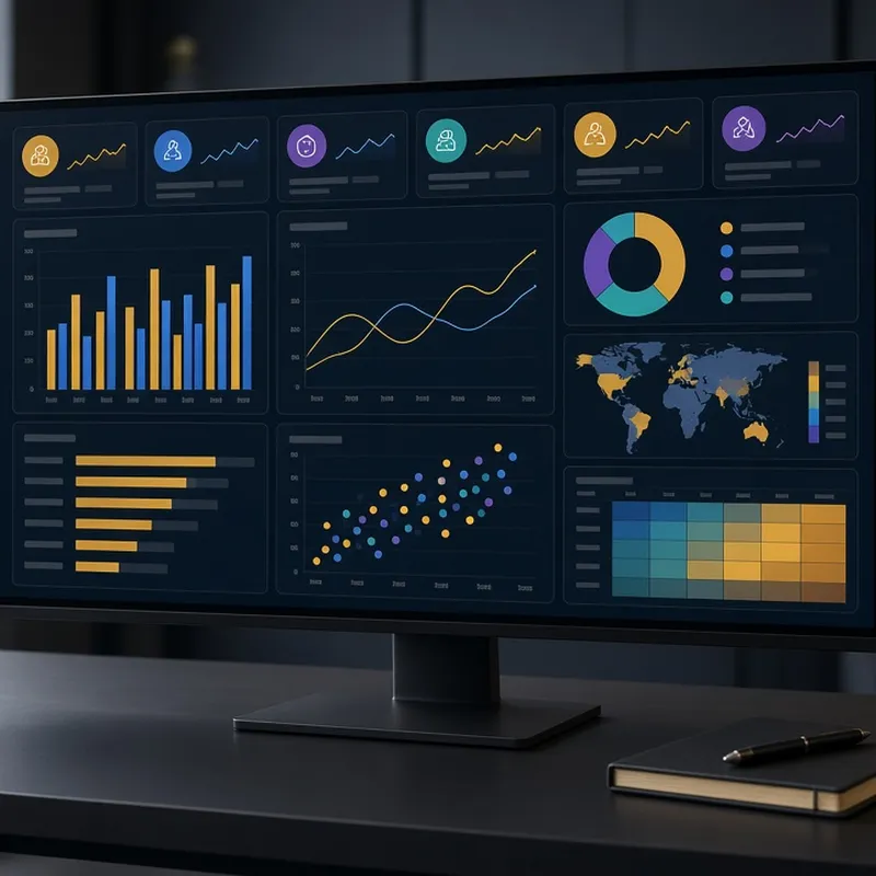 A monitor showing charts and data tiles.