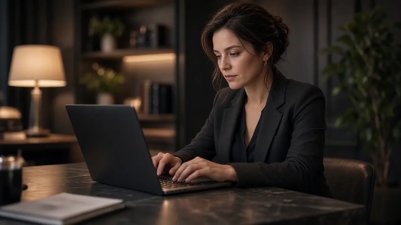 A person working at a monitor in a dark studio.