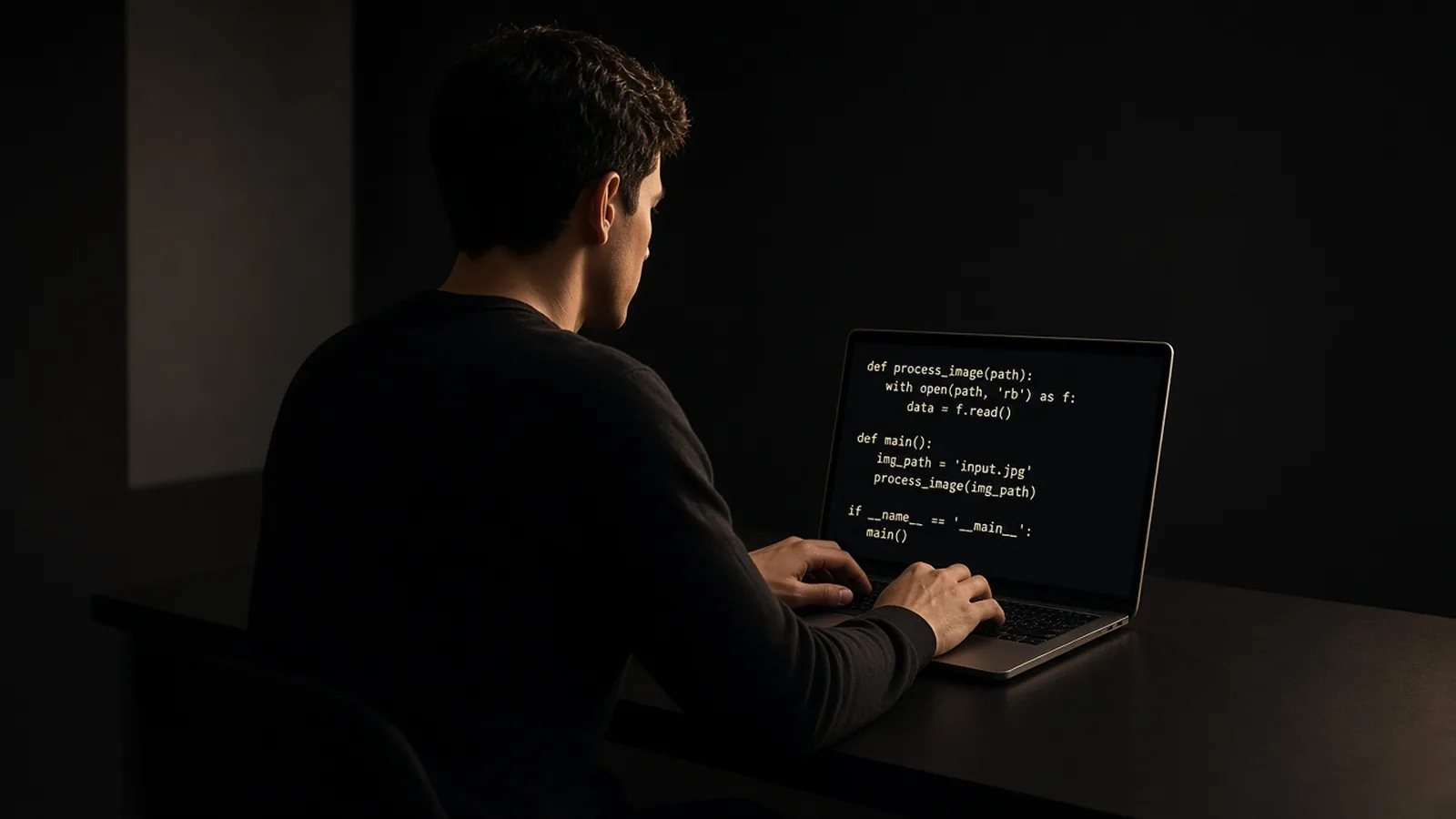A young man types at a laptop in a dark studio. The screen shows an ORENCORE terminal.