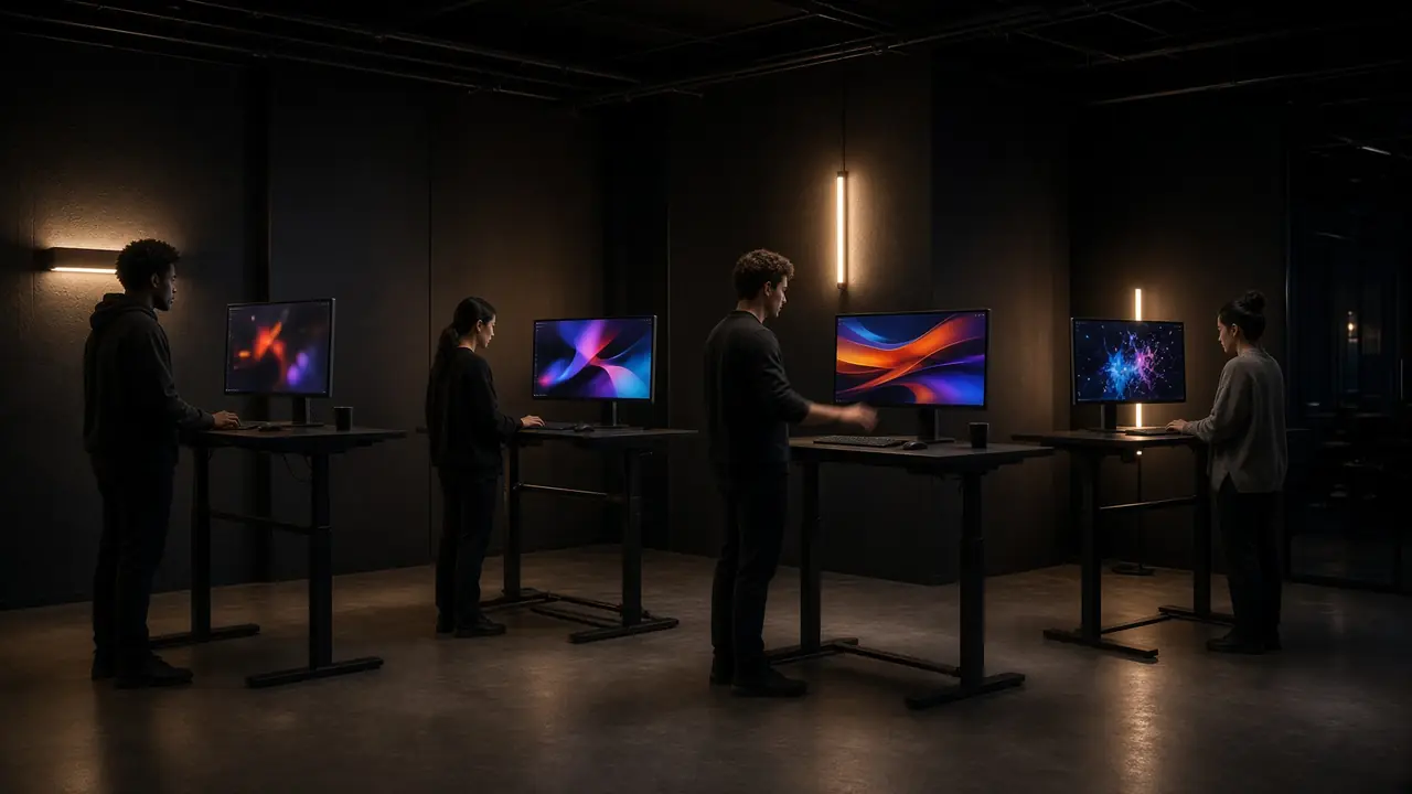 A night studio with young people at standing desks. The screens cannot be read.