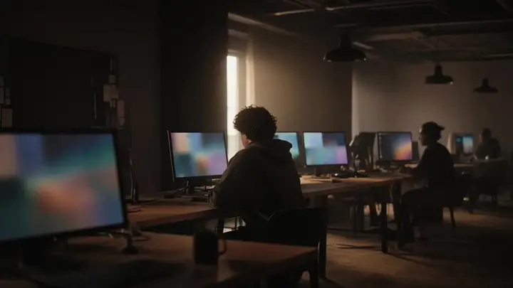 A slow pass through a dark studio. The screens cannot be read.