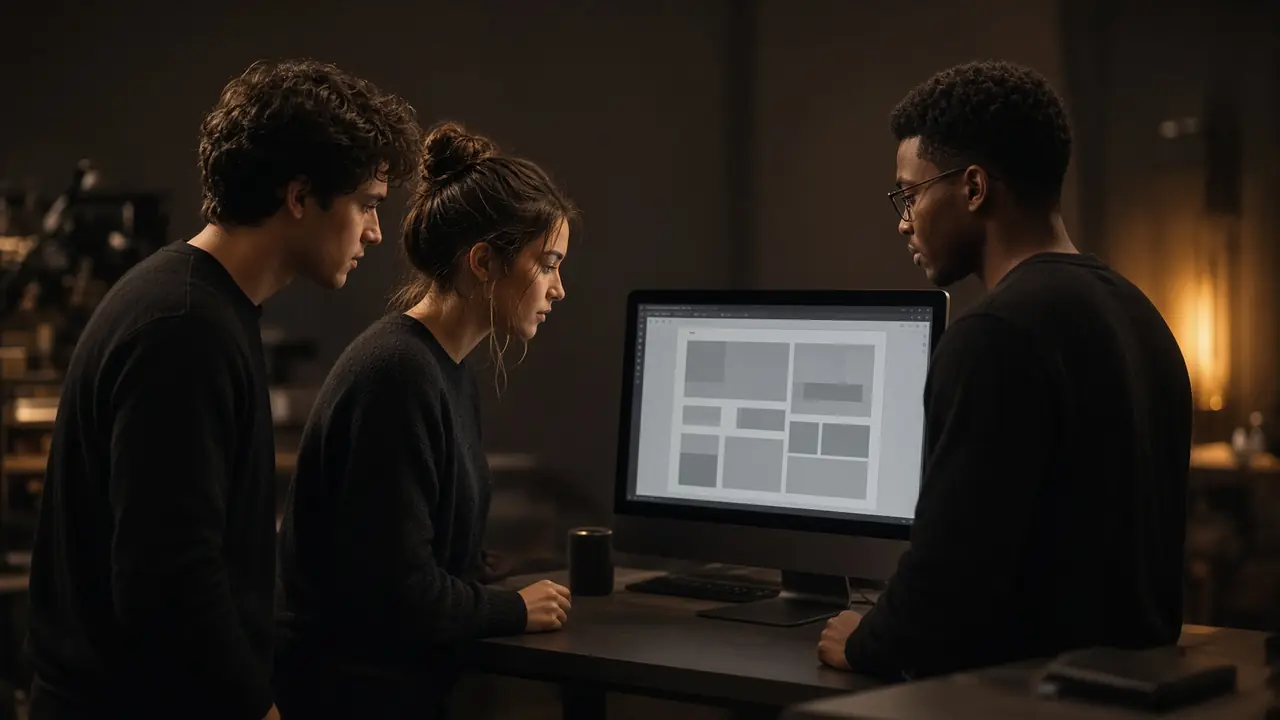Three people review a monitor of gray blocks.
