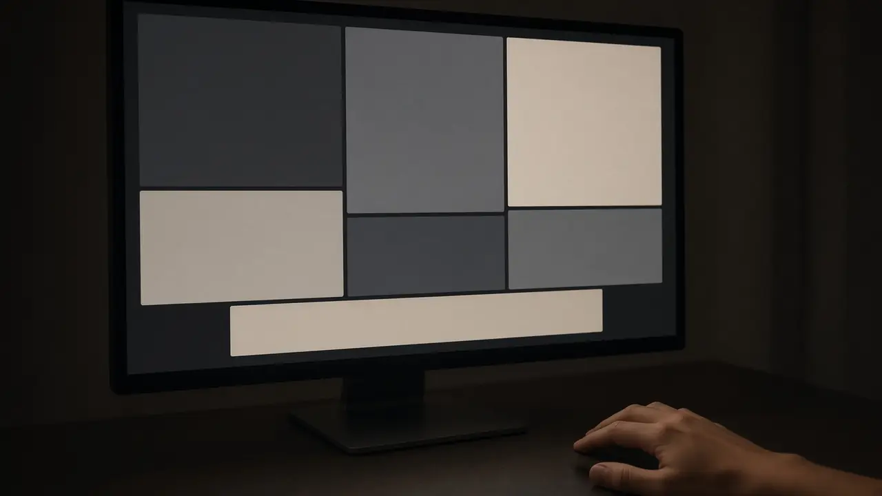 A monitor of gray and champagne blocks. A hand rests on the desk.