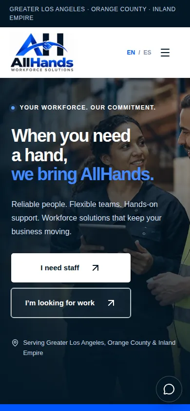 ALL HANDS homepage on a phone.