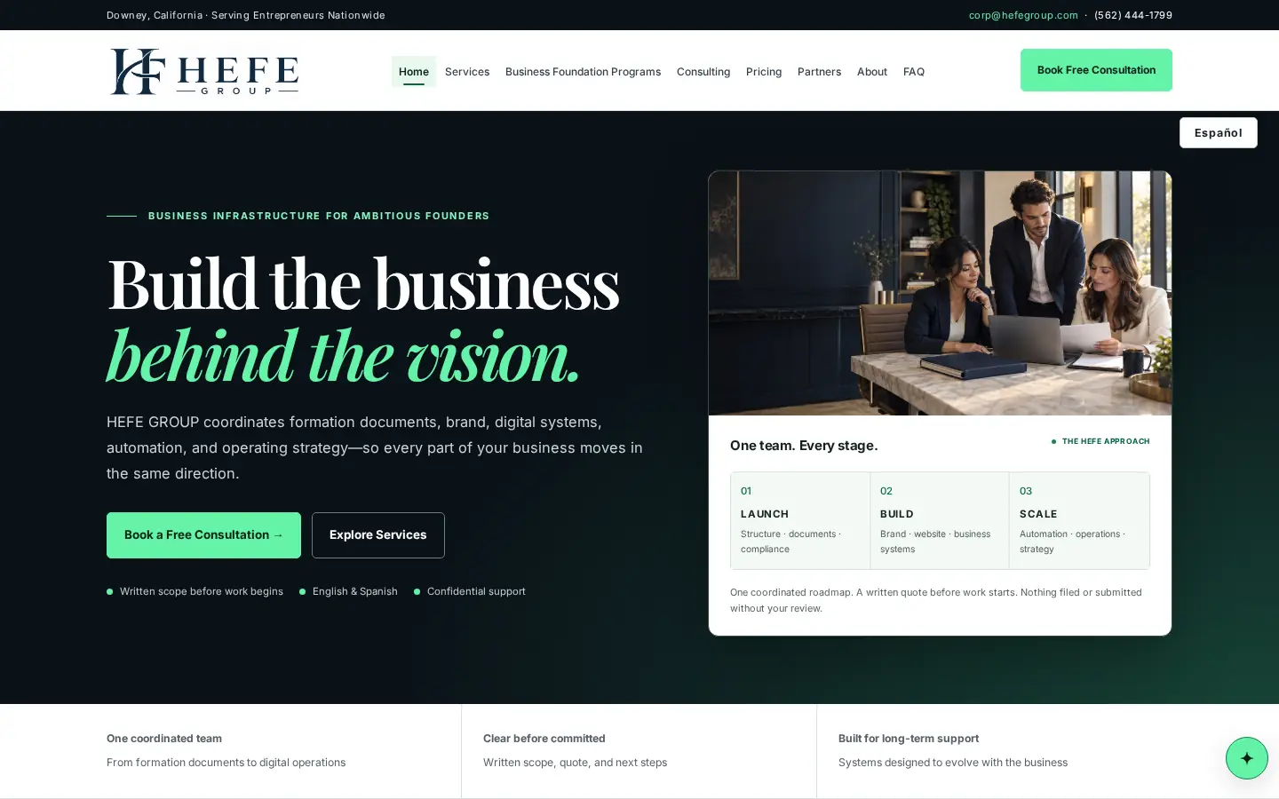 Inicio de HEFE GROUP en una pantalla de escritorio.