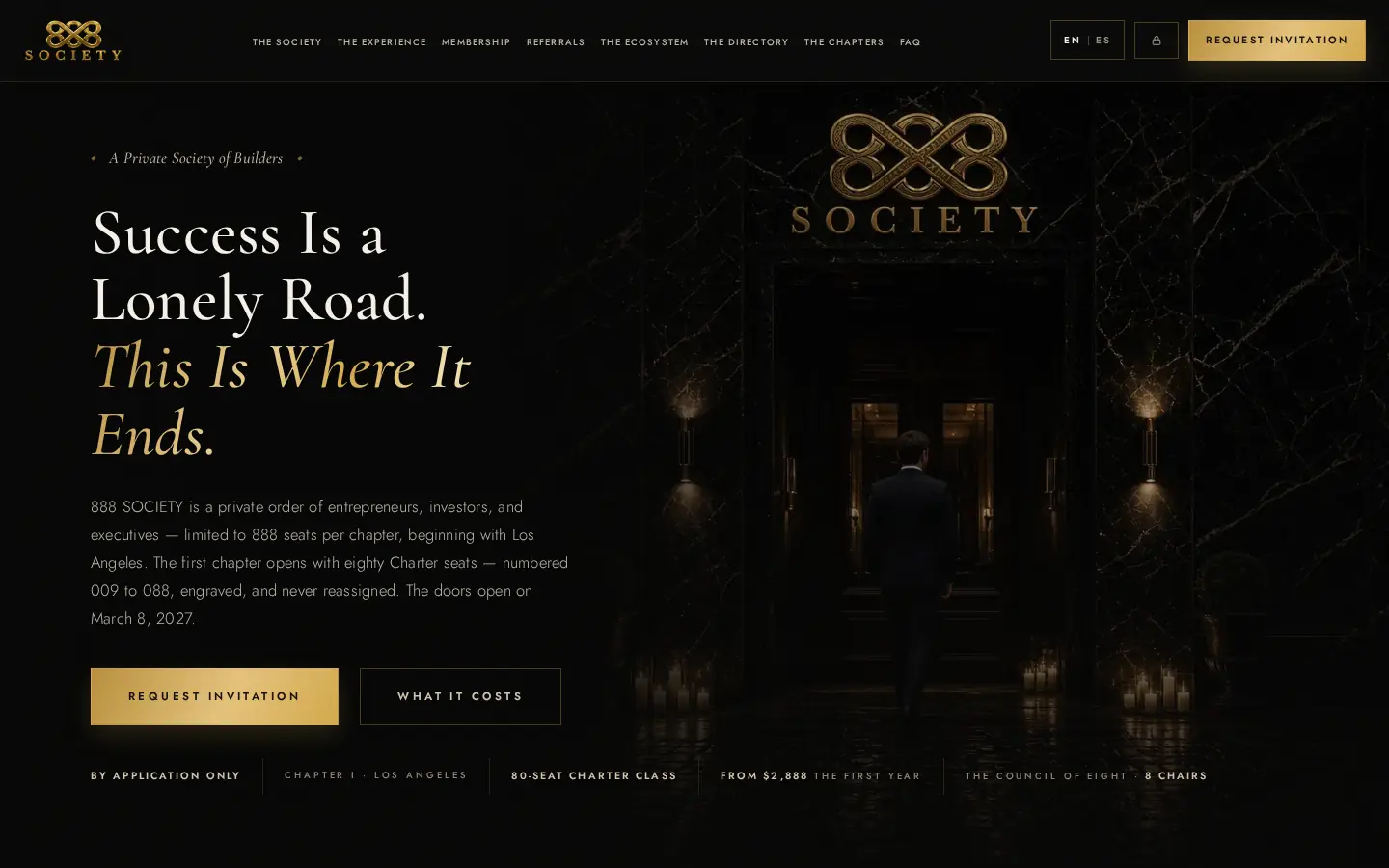 Inicio de 888 SOCIETY en una pantalla de escritorio.