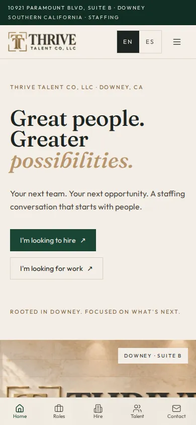 THRIVE TALENT CO homepage on a phone.